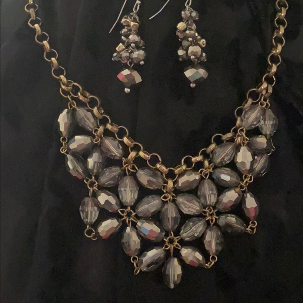 Crystal rosette & goldtone bib necklace, earrings